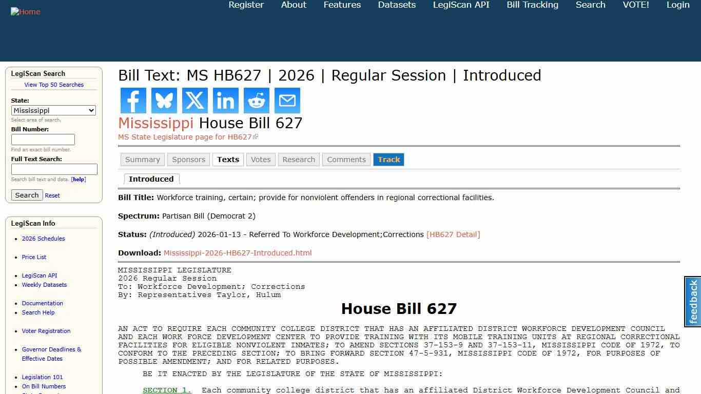 Bill Text: MS HB627 2026 Regular Session Introduced LegiScan