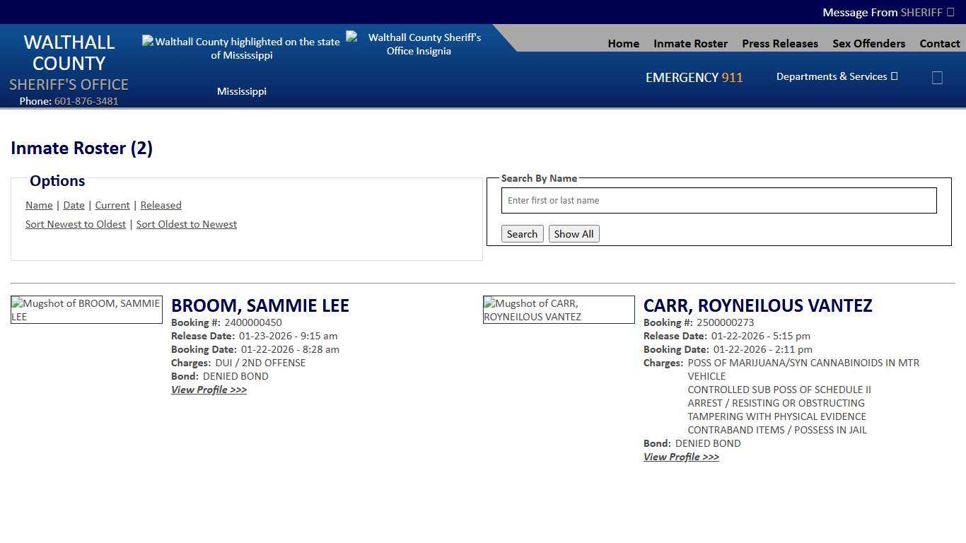 Inmate Roster - Released Inmates Booking Date Descending - Walthall County MS Sheriff's Office